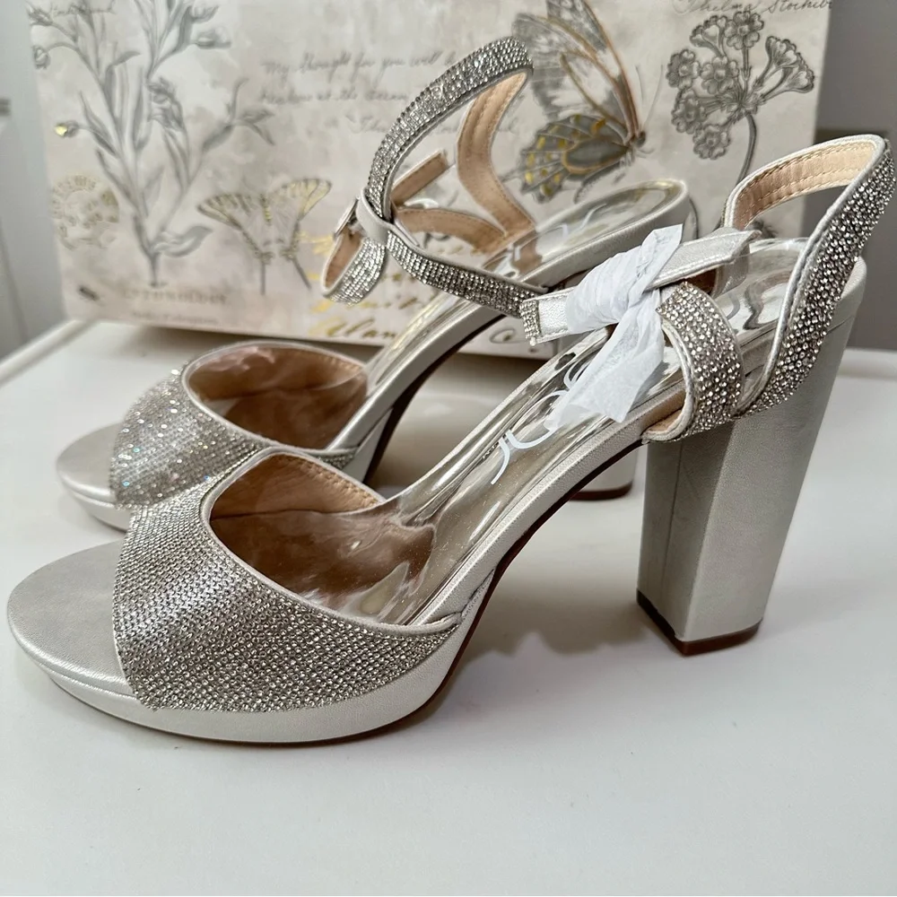 Sugar Prislla 2 Sling Back Open Toe Rhinestone Platform Heels Silver Size 9.5